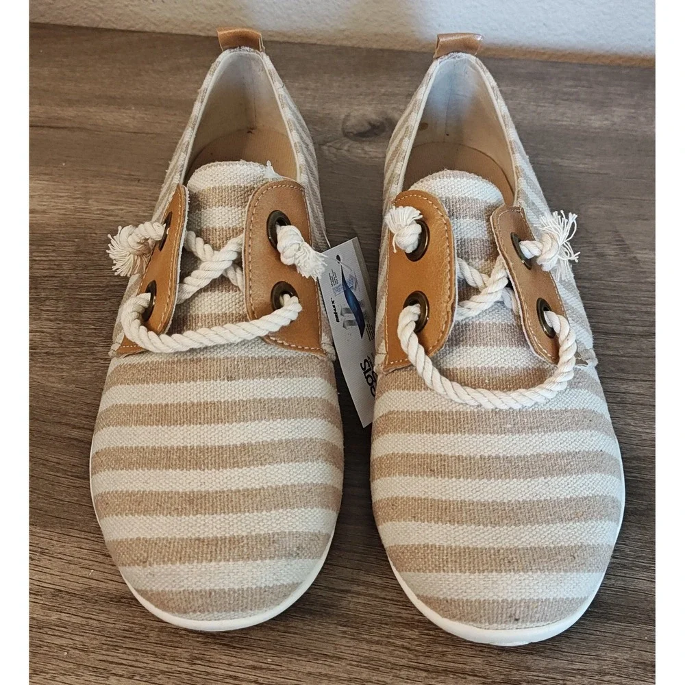 Ros Hommerson Calypso‎ Womens 8M Striped Canvas Shoe Casual Slip On Tan White